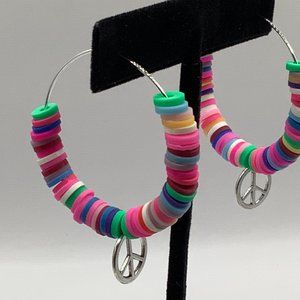 ❤️NEW Earrings Hoops Peace Sign Boho Hippie Heishi Beads Charm Silver Tone